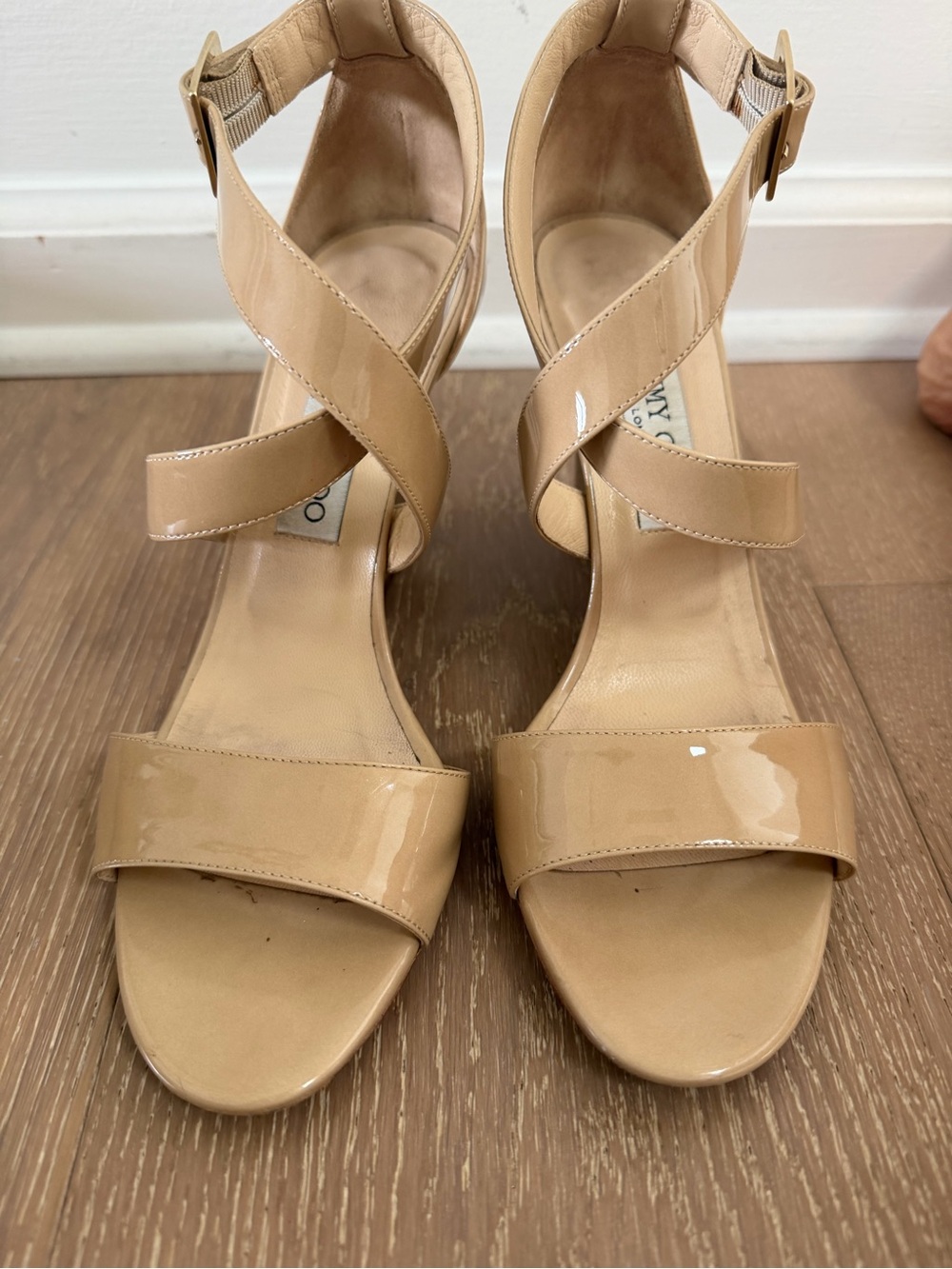 Jimmy Choo Beige Patent Leather Crisscross Ankle-Strap Heels